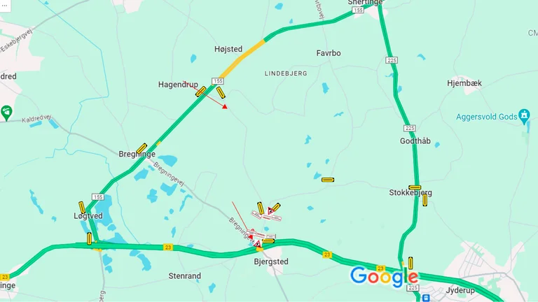 Kortudsnit, der viser spærring af vej v. Bjergstedvej nr. 58 samt mulig omkørselsrute